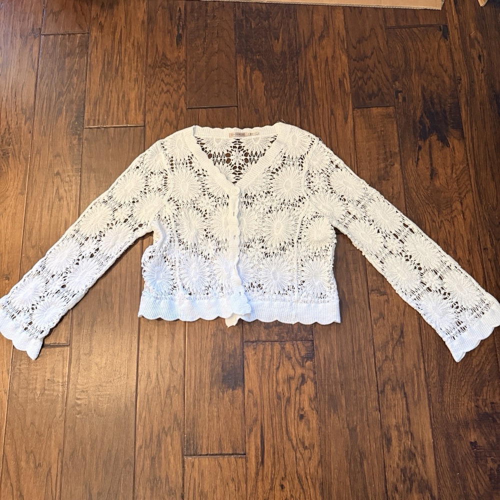 EsQualo Women's L White Crochet Floral Cardigan Cropped Open Knit Boho Sweater